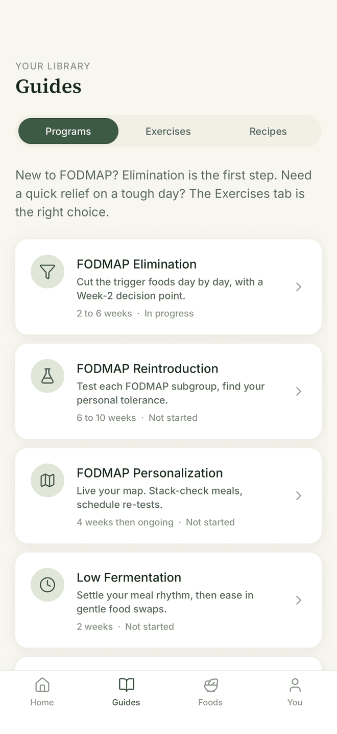 Unsibo guides tab with the FODMAP elimination, reintroduction, and personalization programs
