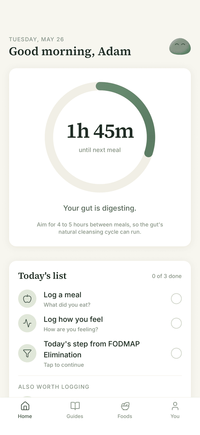 Unsibo home screen with the meal-spacing countdown ring
